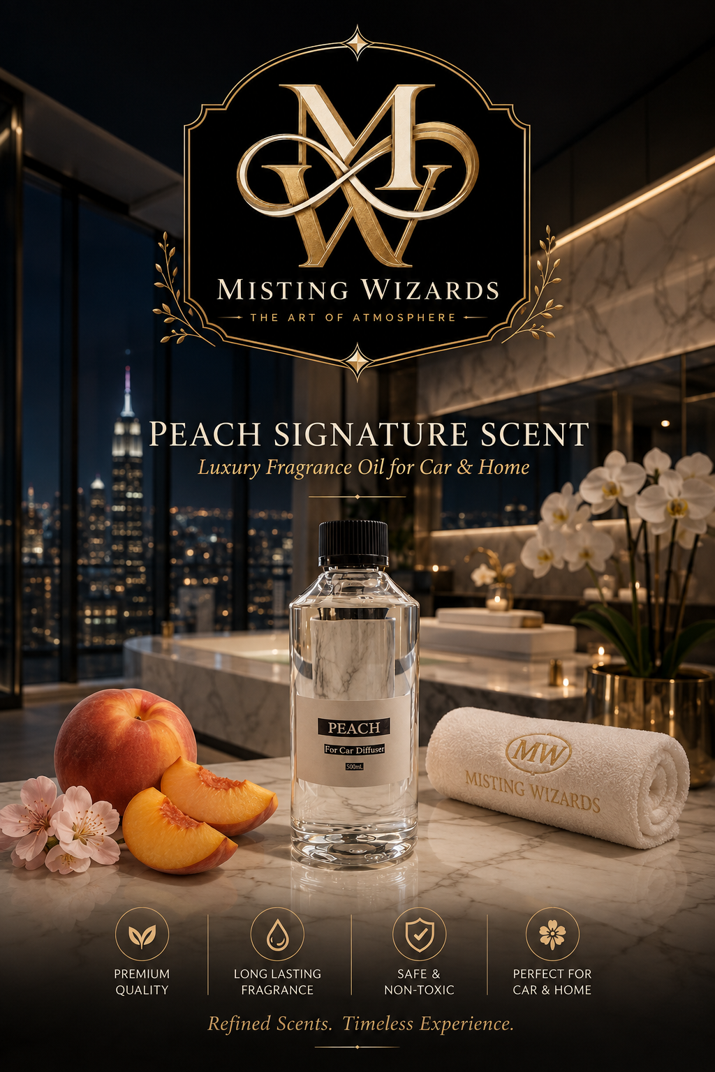 Peach Signature fragrance oil bottle with peach slices in a luxury setting