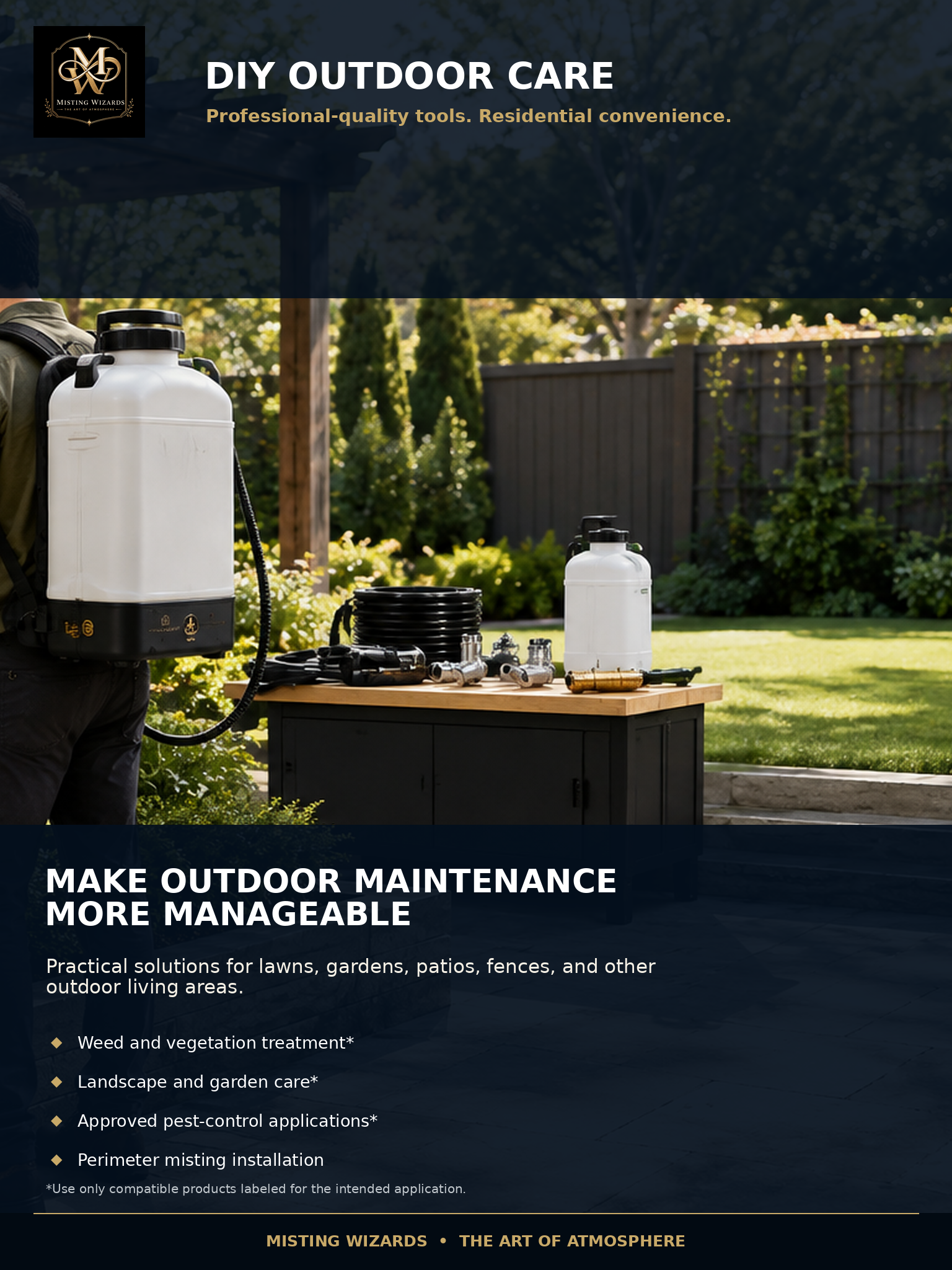 Outdoor care equipment arranged for residential landscape maintenance