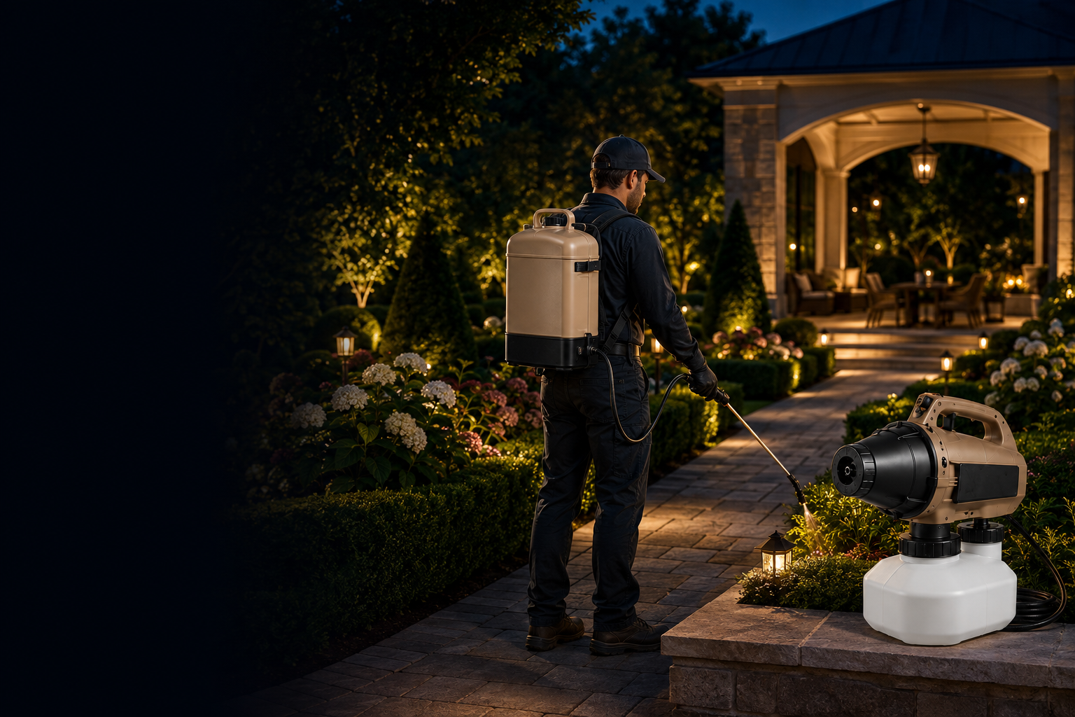 Landscaping professional with portable outdoor maintenance equipment