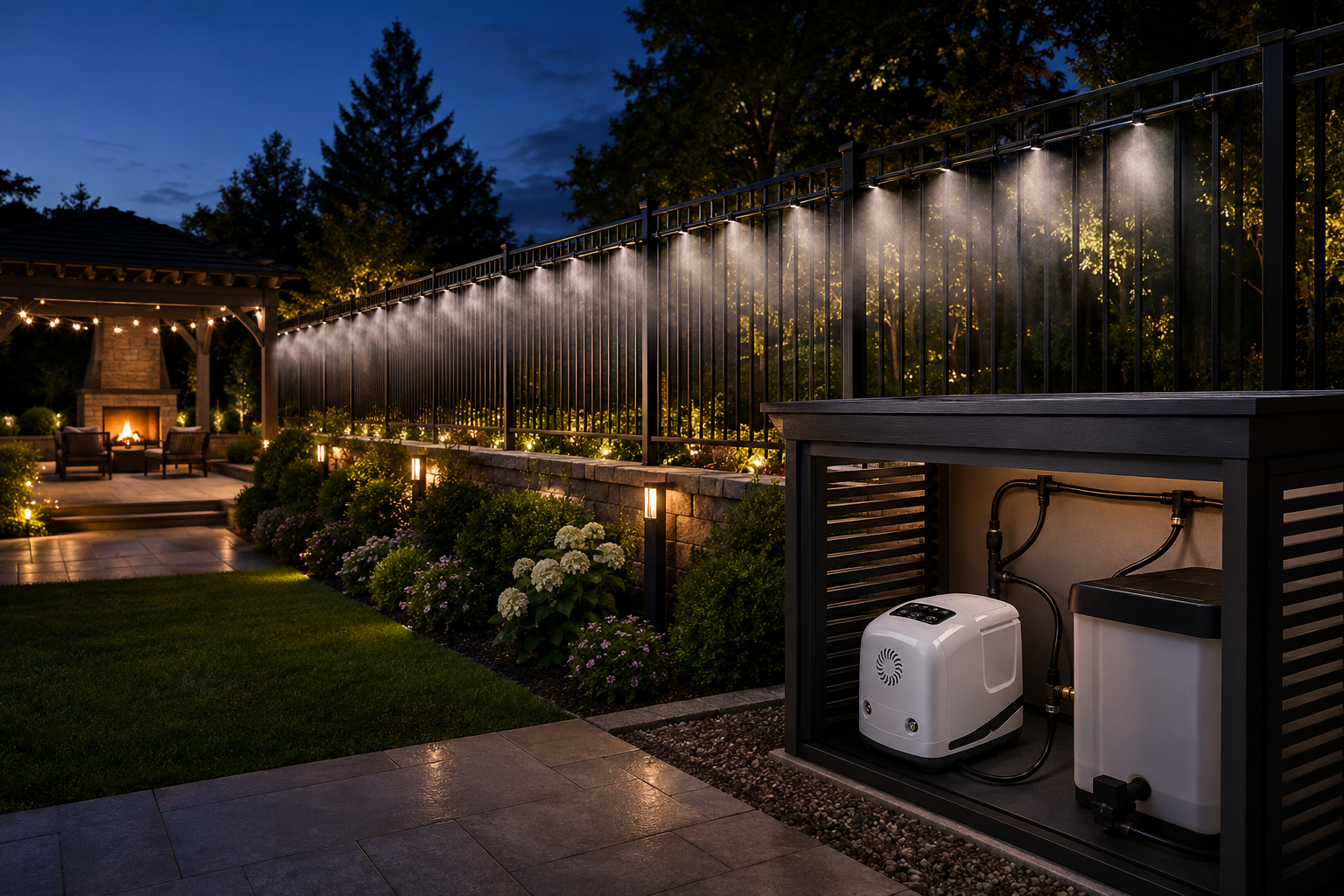 Backyard perimeter misting system installed along a landscaped fence at night