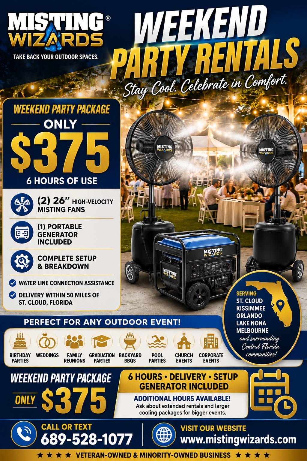 Weekend Party Rental Package — $375 for 6 hours, includes 2 misting fans, generator, setup & delivery