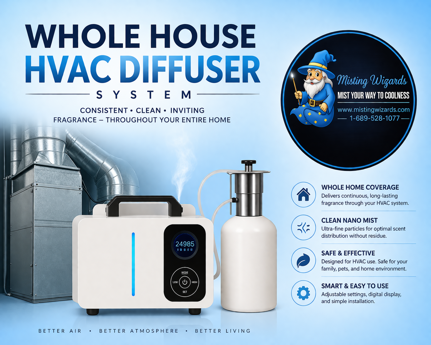 Misting Wizards Whole House HVAC Diffuser System — consistent, clean, inviting fragrance throughout your entire home