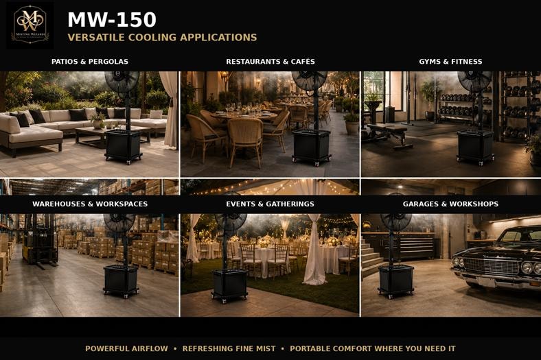MW-150 versatile cooling applications for patios, restaurants, gyms, warehouses, events, garages, and workshops