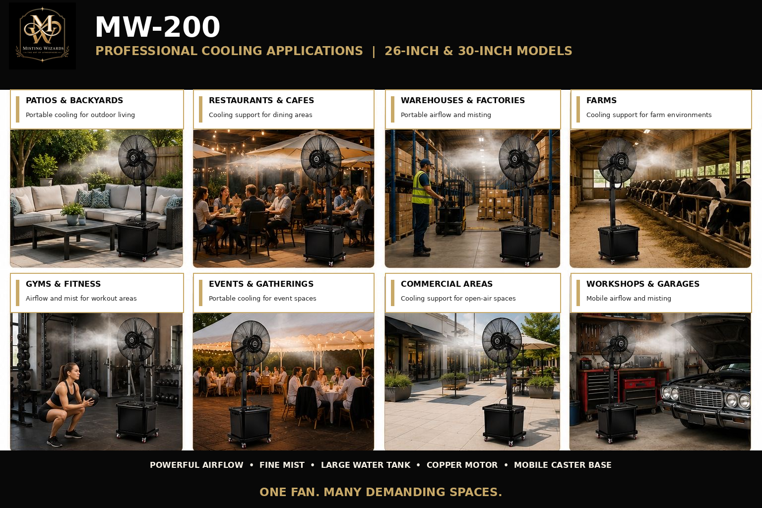 MW-200 professional cooling applications for patios, restaurants, warehouses, factories, farms, gyms, workshops, outdoor events, and commercial spaces.