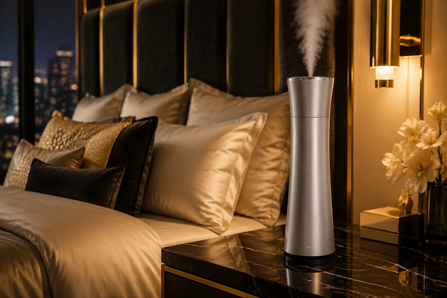 MW-506 silver tabletop diffuser in a designer bedroom