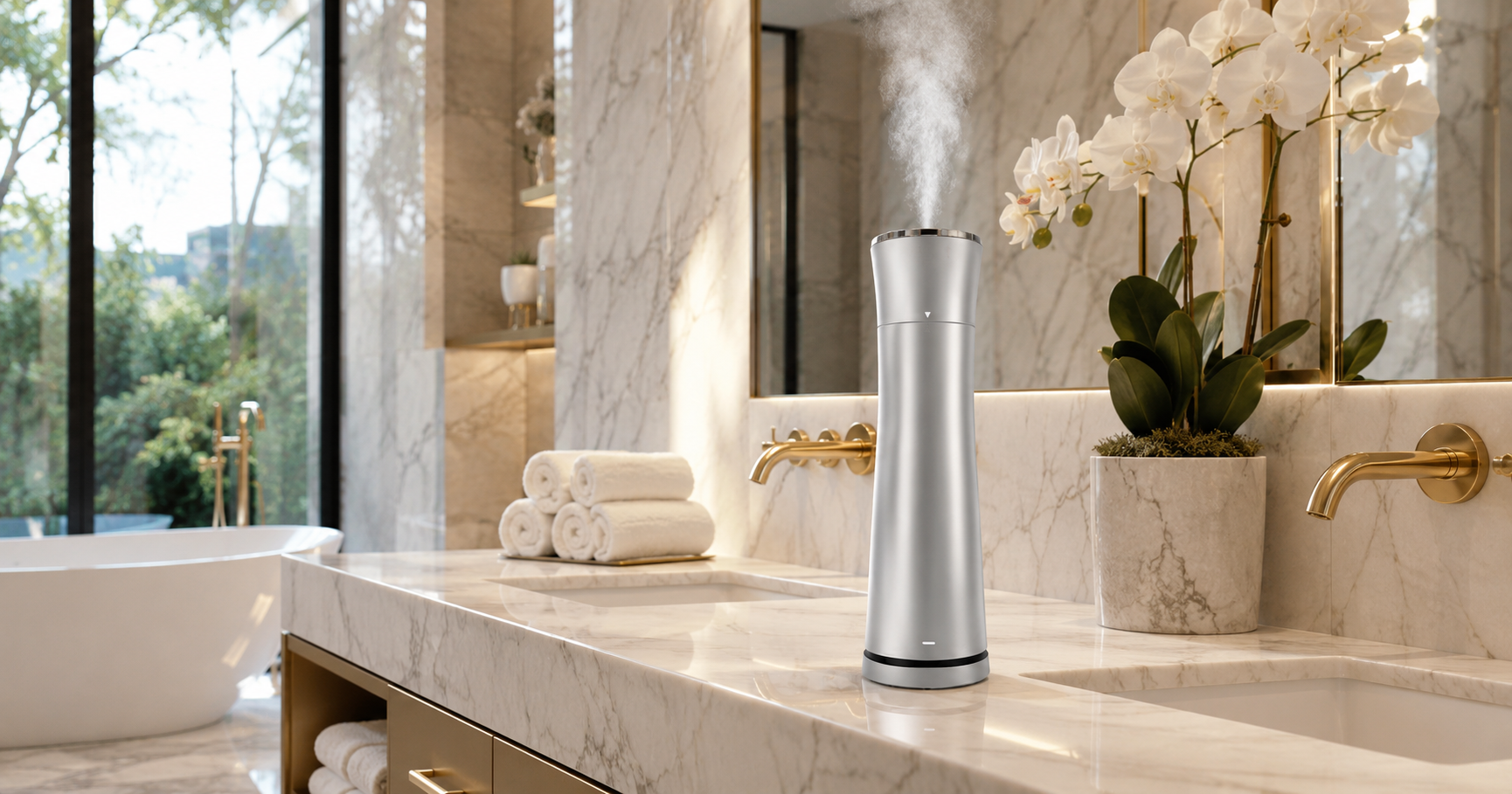 MW-506 silver tabletop diffuser in a luxury spa bathroom