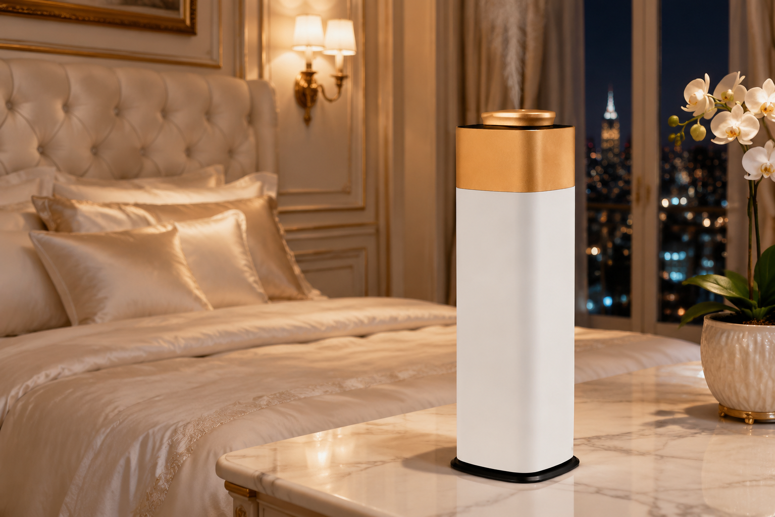 MW-507 white and gold luxury home diffuser in a designer bedroom