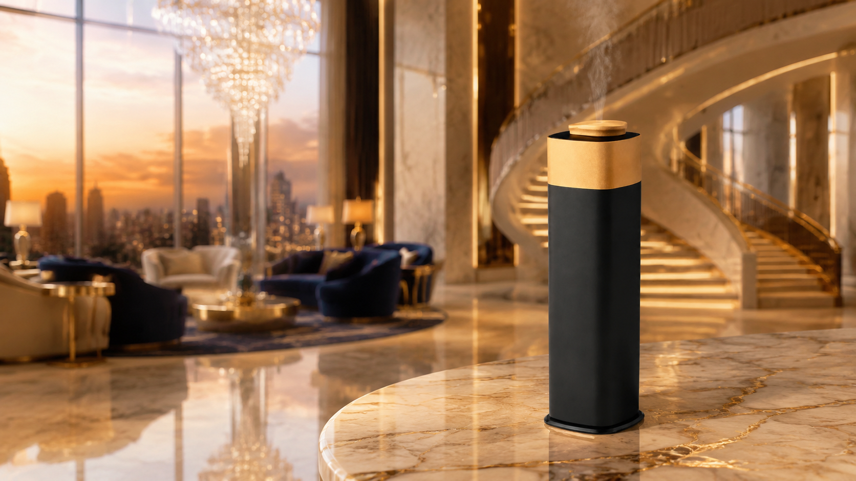 MW-507 black and gold luxury home diffuser in a hotel setting