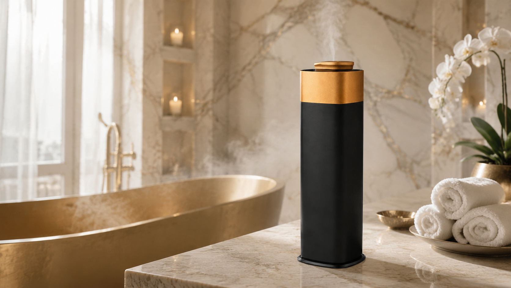 MW-507 black and gold luxury home diffuser in a spa bathroom