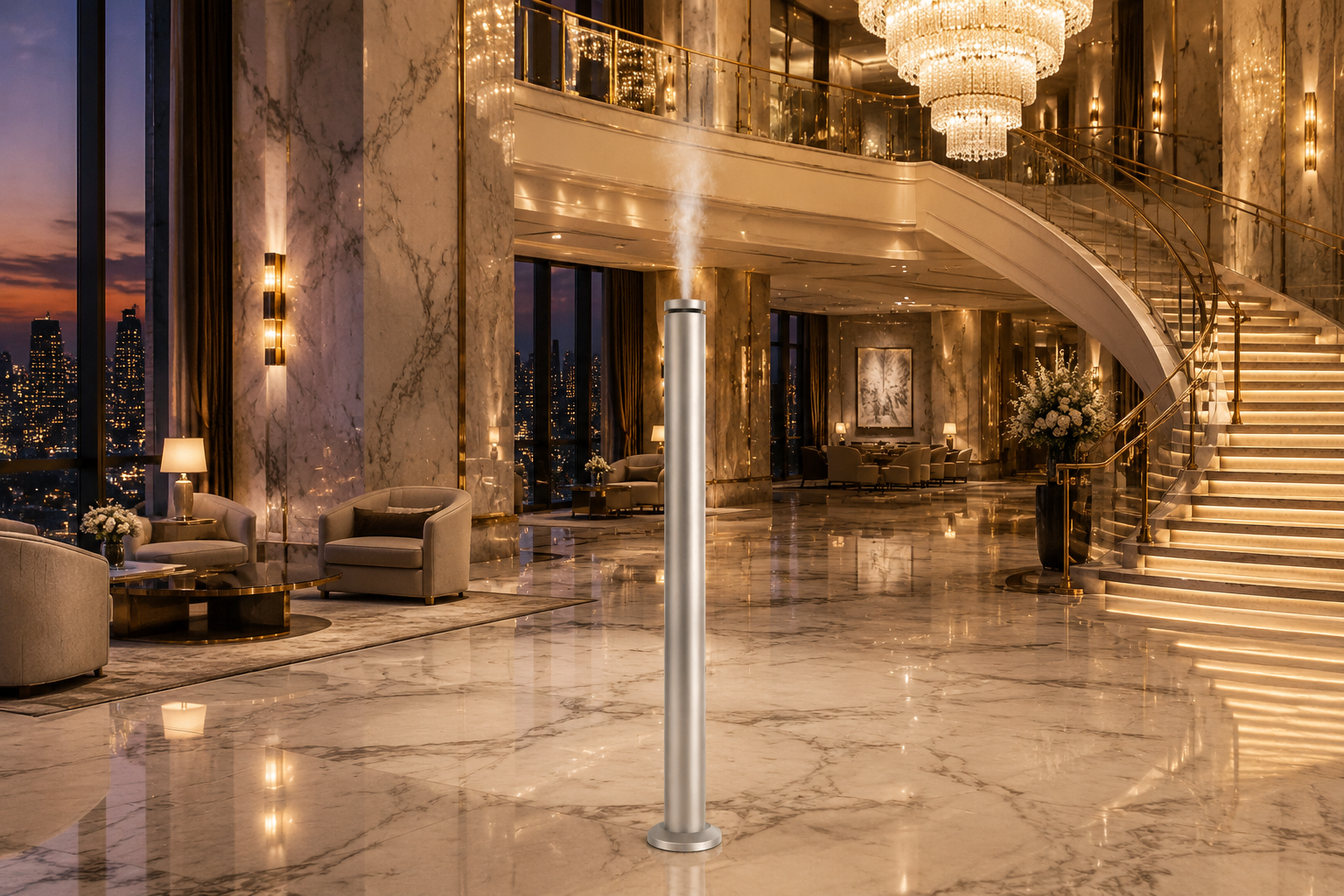 Silver MW-510 tall tower diffuser in a five-star hotel lobby