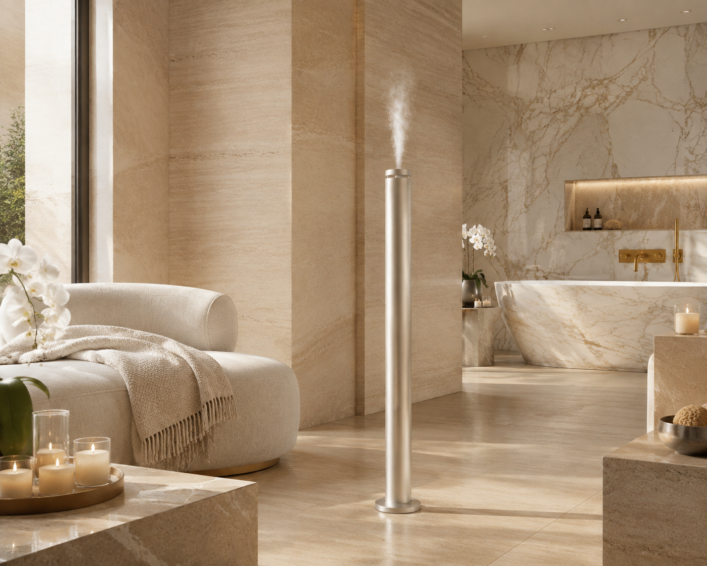 Silver MW-510 tall tower diffuser in a luxury spa wellness setting