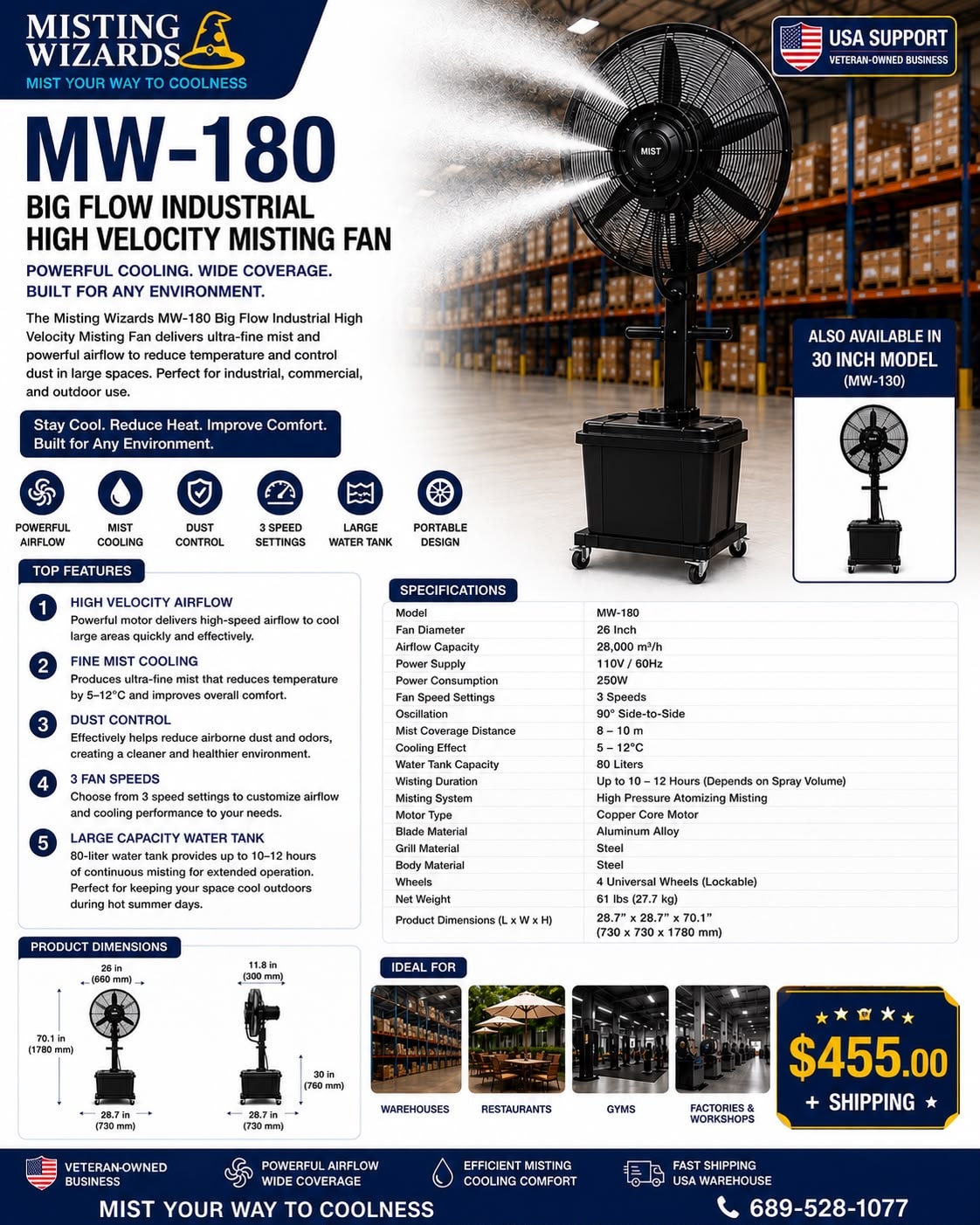 MW-180 Big Flow Industrial High Velocity Misting Fan