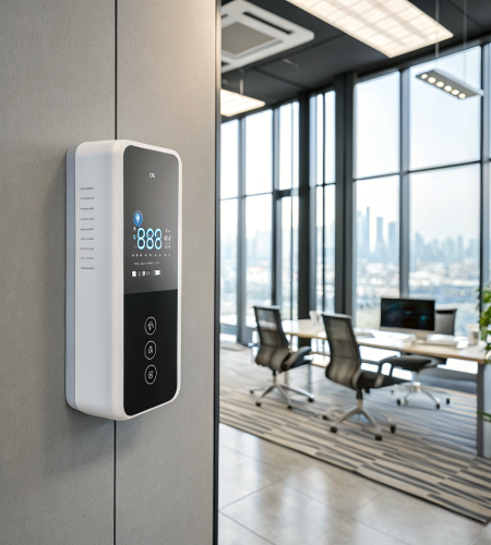 smart thermostat for modern offices | energy efficient temperature control system | sleek wall mounted design